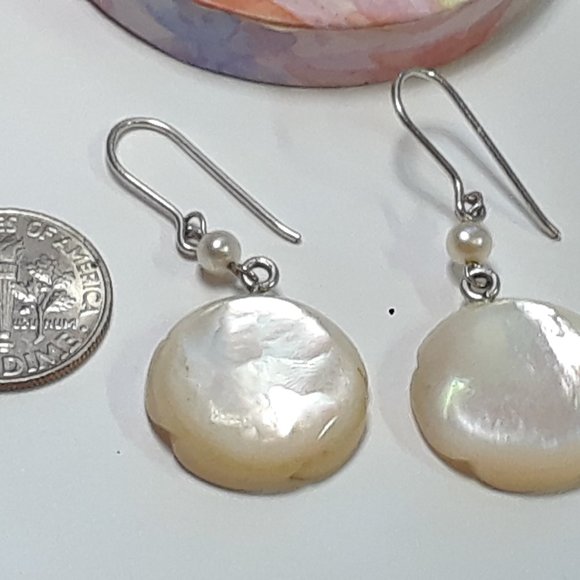 Estate Mother of Pearl Flower & Pearl Sterling Silver French Top Earrings #18748 - Picture 3 of 4